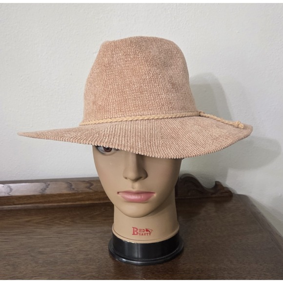 Tan Fedora Classic Corduroy Look Cowgirl Hat Soft Yarn One Size Braided Hatband - Picture 2 of 12